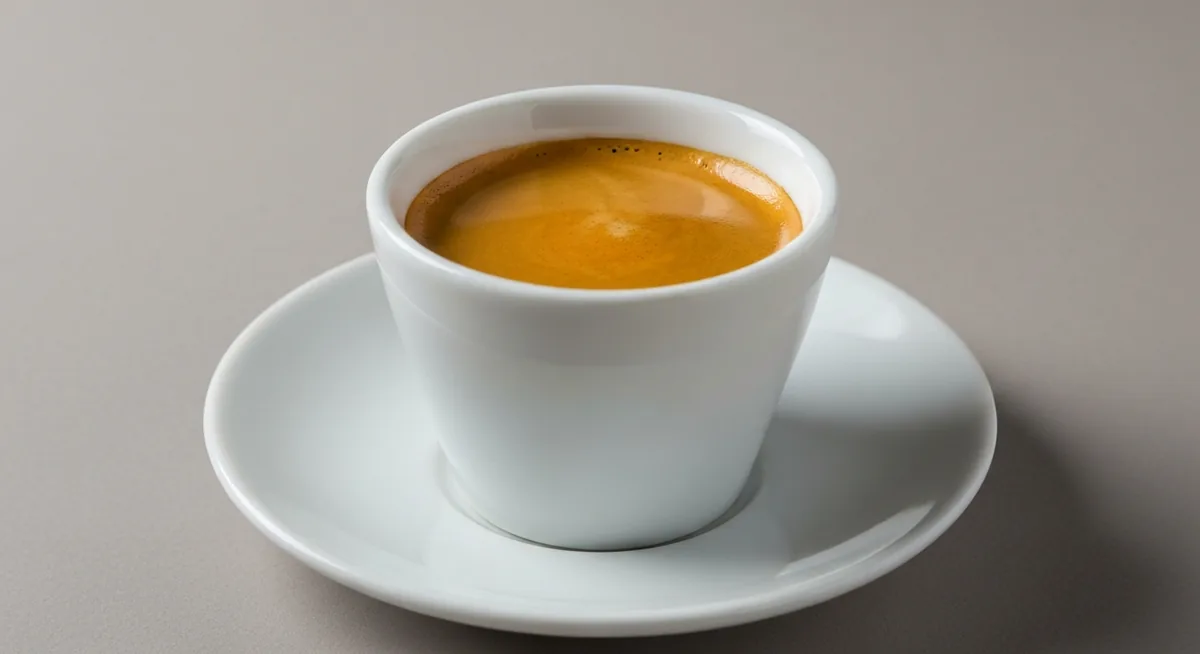 Xícara pequena de porcelana branca com espresso e crema dourada