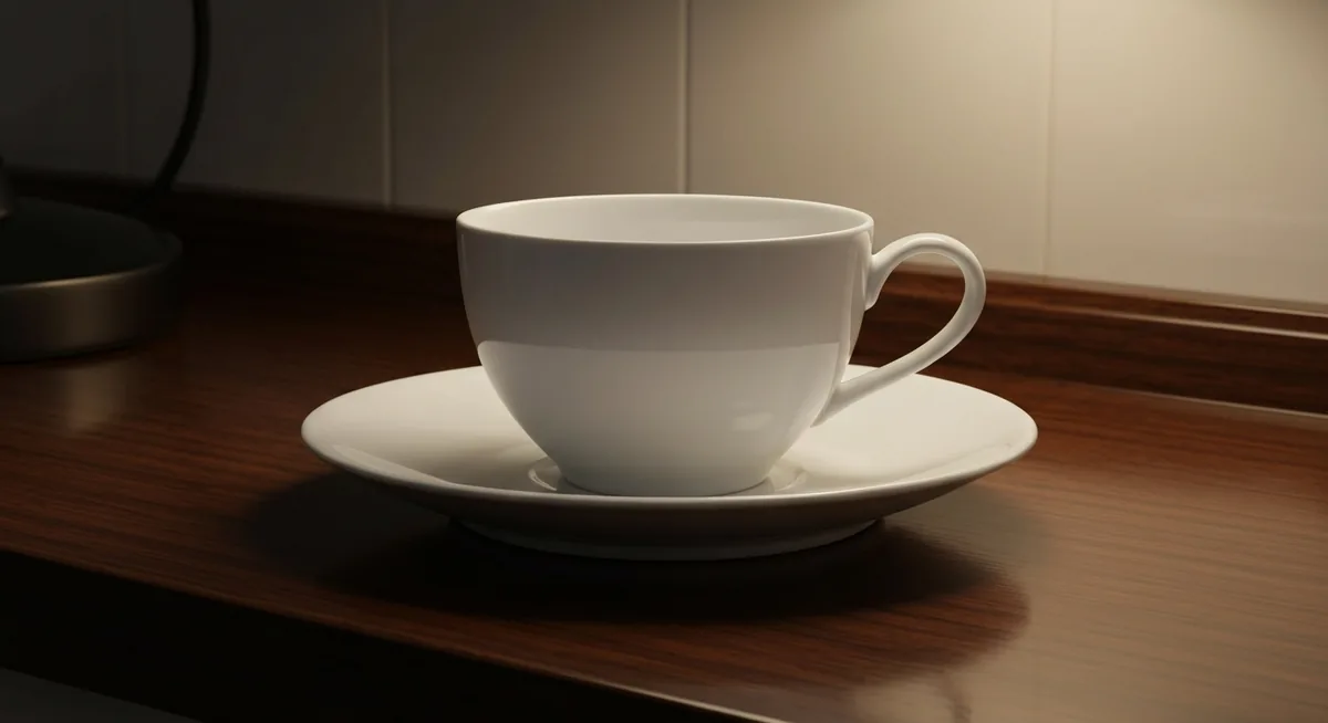 Xícara de porcelana branca sobre balcão de madeira escura polida