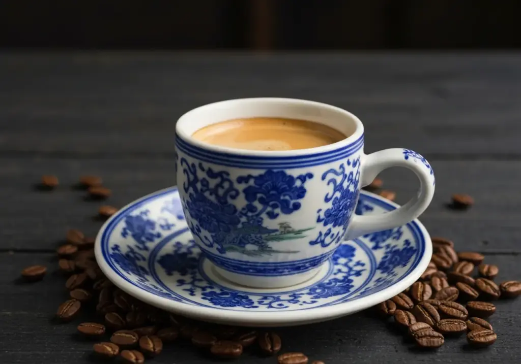Xícara de porcelana chinesa azul e branca cheia de café espresso
